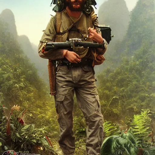 Prompt: an extremely detailed matte painting of a ridiculously good looking mimi mathy that looks like a jewish gigachad in the vietnam war, wearing a ballistic helmet from patton, long curly hair, camouflaged gear, very detailed, jungles of vietnam beautiful, intricate, cinematic, artstation, william bouguereau, alphonse mucha, greg rutkowski, stanley kubrick, octane render