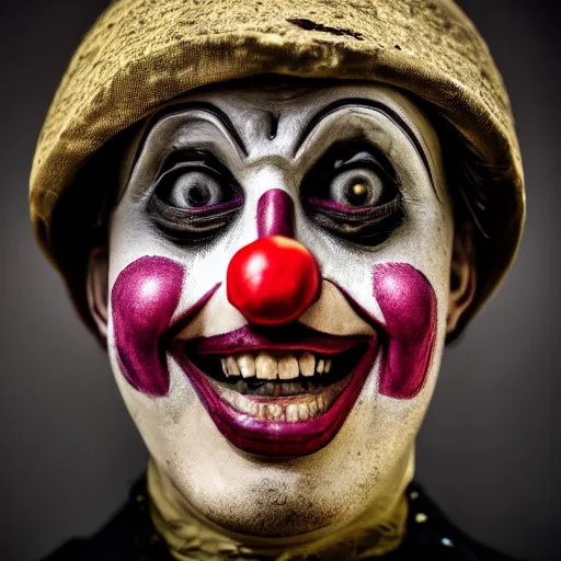 Image similar to stunning beautiful portrait photography of a medieval clown from national geographic magazine award winning, dramatic lighting, taken with Sony alpha 9, sigma art lens, medium-shot