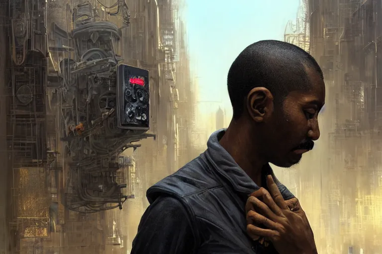 Prompt: A very highly detailed camera man with black skin, short hair cut, tiny thin mustache, thin face, with very highly detailed face on the street of a very highly detailed smooth city digital concept art by Greg Rutkowski, neofuturistic highly detailed, digital concept art, Dimensional cyan gold natural light, sharp focus, Golden Ratio illustration, realistic concept art by Stephen Hickman and James Gurney and Hiromasa Ogura Ghost in the Shell rendered in Octane Render, From the distance