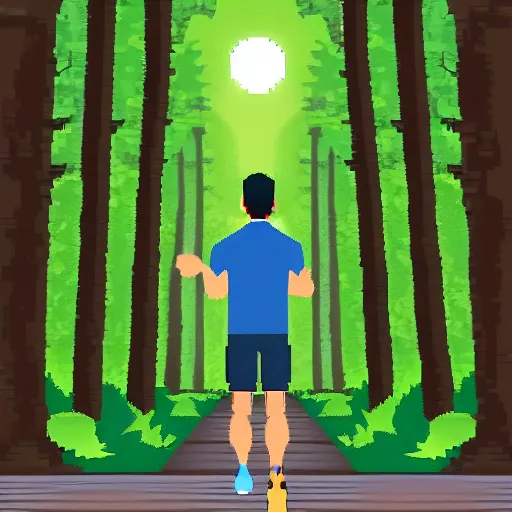 Image similar to athletic guy runs through a forest with tall trees, a photo from the back, perspective, pixel art,