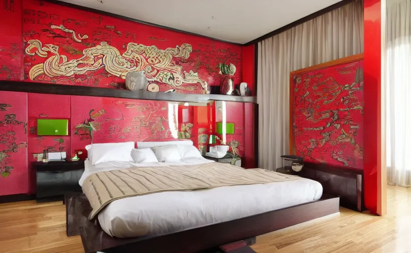 Prompt: a retro futuristic bedroom, chinese style, bright, feng shui, earth colors, wood, plants, cupboards, bed, curtains, minimalistic, art nouveau