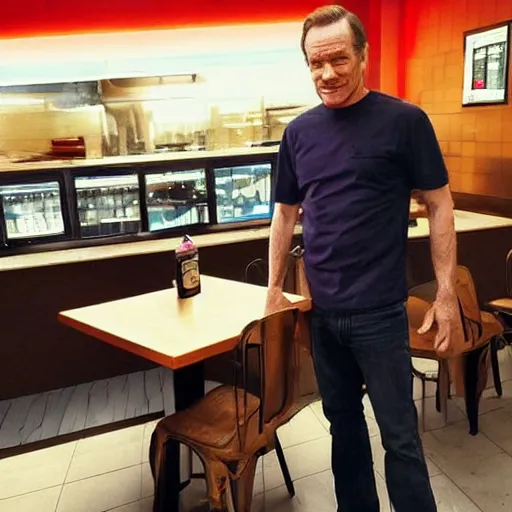 Prompt: A medium shot, cameraphone, indoors photography of Bryan Cranston working at a Taco Bell, golden hour, facebook post 2012