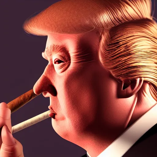 Image similar to a high quality photo of donald trump smoking a cigar, anatomically accurate eyes, 3d scene, render, ultra realistic, artstation, cgsociety