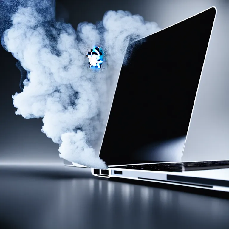 Image similar to a photo portrait of a macbook disintegration in dust and smoke, cinematic photography, smoke rising like clouds, photorealism, canon 5 d, 5 0 mm lens, super resolution, cgi, volumetric lighting & shadows, hyper detailed, 8 k, unreal engine,