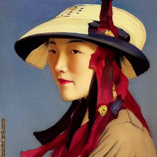 Image similar to woman wearing a chinese hat, by j. c. leyendecker