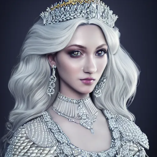 Image similar to portrait of wonderful princess of diamond with fair skin, ornate with diamonds, 8 k, gorgeous, intricate, detailed, glowing white accent lighting, dramatic lighting, octane render