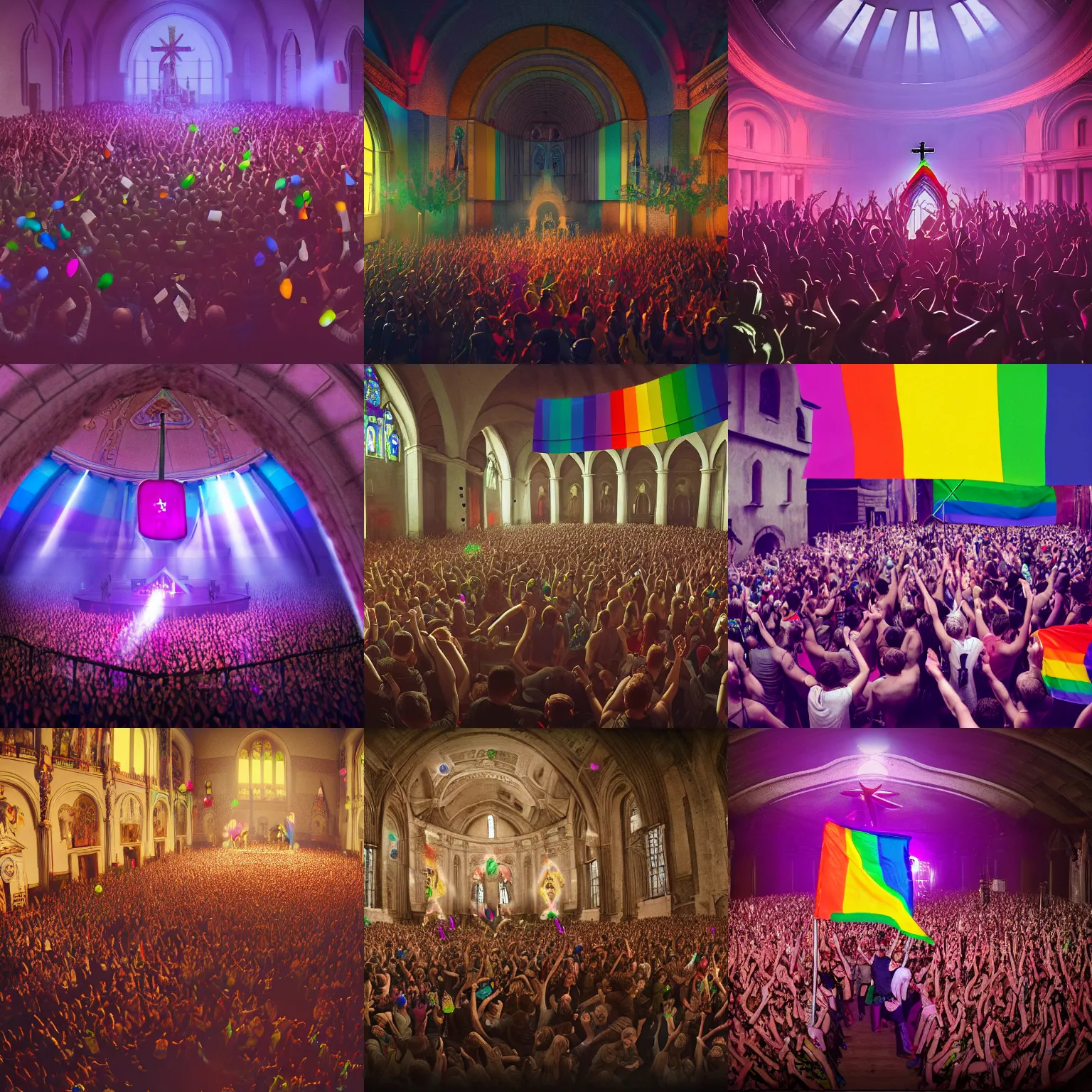 Prompt: LGBTQ group taking over the church for a wild rave party, Pope submissively surrenders, photography, highly detailed, HD, sharp focus, smooth, octane render, 4k, artstation, dynamic lighting