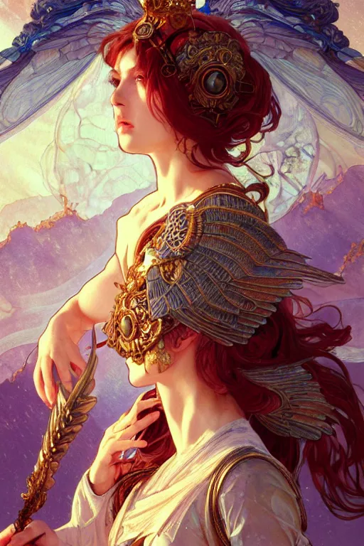 Image similar to portrait goddess athena with wings, in ruined Agora of Athens Sunrise, ssci-fi and fantasy, intricate and very beautiful and elegant, highly detailed, digital painting, artstation, concept art, smooth and sharp focus, illustration, art by tian zi and WLOP and alphonse mucha