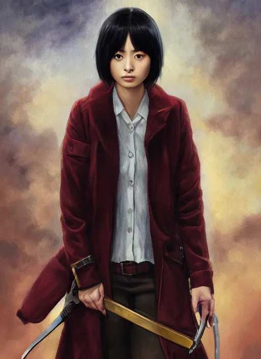 Prompt: oil painting of suzu hirose as mikasa ackerman from attack on titan, highly detailed, artstation, michael whelan style