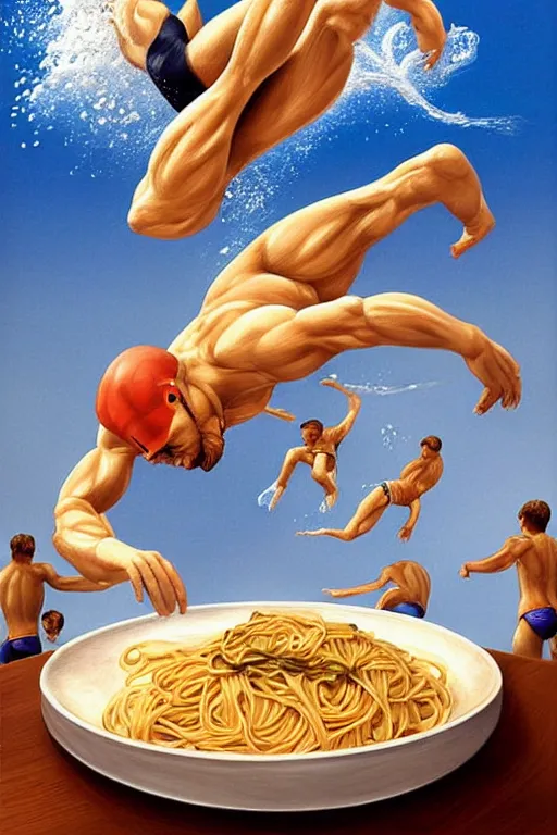 Image similar to olympic diving springoard, a tiny male diver is diving head down into a dish of pasta, detailed realistic sport art, artgerm