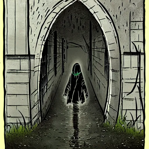 Image similar to down in the sewers of london, dark damp atmosphere, water dripping from the moss covered ceiling, a sinister dark figure is standing at the end of the sewer,