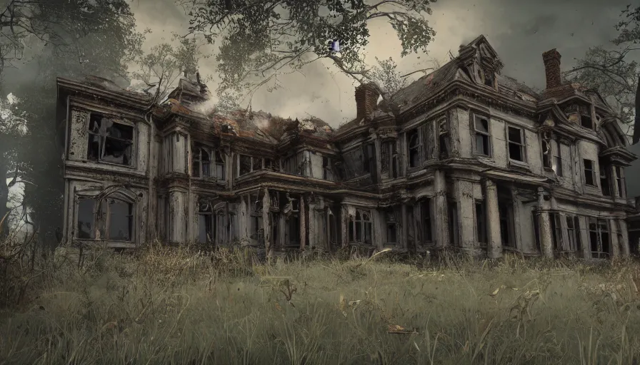 Prompt: abandoned victorian manor, lot of cobwebs, dusty ground, creepy painting, fps view, video game, riflegun, hyperdetailed, artstation, cgsociety, 8 k