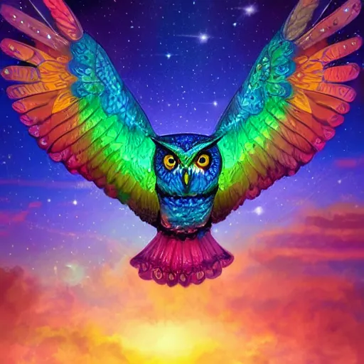 Prompt: rainbow owl flying with the starry night sky above , trending on artstation, digital art, 4k, hyper realism, high detail, cinematic, cinematic lighting, high detail, realistic, fantasy