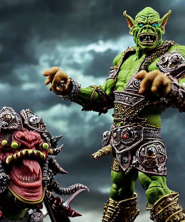 Image similar to hyperrealistic rendering, epic ornate supreme orc goblin overlord, jewel crown, war armor battle, by art of skinner and richard corben, product photography, collectible action figure, sofubi, hottoys, storm clouds, outside, lightning