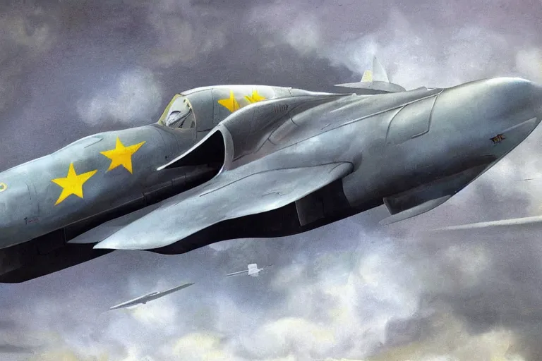 Image similar to Concept art of a retrofuturistic warplane