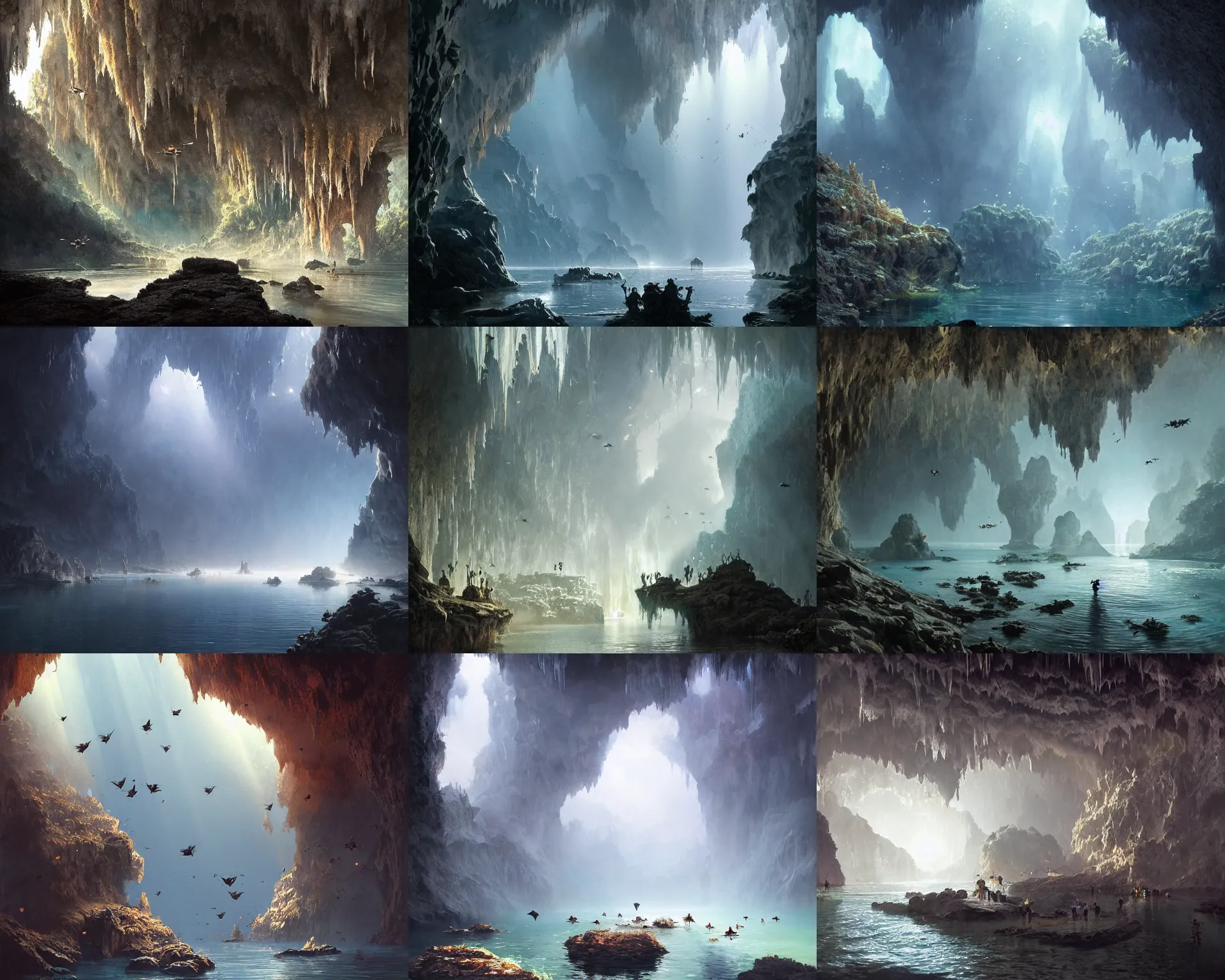 Prompt: beautiful huge cave with swarms of flies, insects, wasps, bats, insects, swarms, clouds, stalactites, stalagmites, underwater glittering river, volumetric light, by greg rutkowski