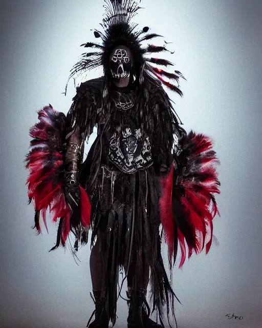 Image similar to the ghost - spirit of the grim - warpaint wears the scarlet skull armor and native blood headdress feathers, midnight fog - mist!, dark oil painting colors, realism, cinematic lighting, various refining methods, micro macro autofocus, ultra definition, award winning photo