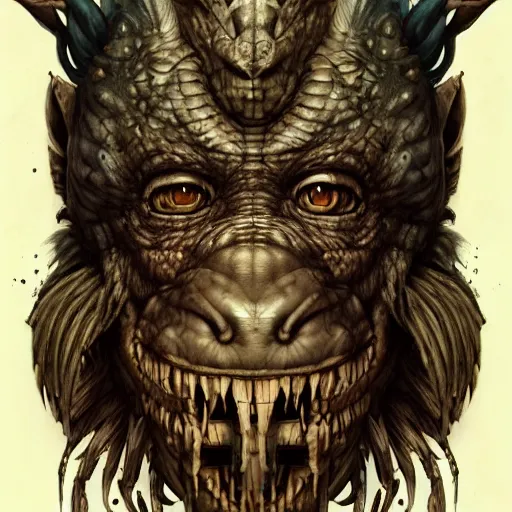 Prompt: first person view of barong family member, leonardo da vinci blueprint, wiwek, mara demon, one single tribe member, jungle, one single mask, dark, ancient warrior, gorilla, lizard, tribal, inner glow, paint by peter mohrbacher