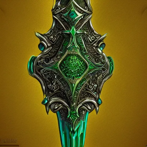 Image similar to symmetric, green fantasy sword, intricate, elegant, highly detailed, digital painting, 4k, HDR, concept art, detailed jewelry, smooth, sharp focus, illustration, matte finish, high contrast, 3d depth, masterpiece, vivid colors, artstationhd