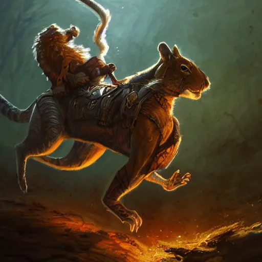 Image similar to Squirrel knight riding tiger, magic the gathering artwork, horror, D&D, fantasy, cinematic lighting, centered, symmetrical, highly detailed, digital painting, artstation, concept art, smooth, sharp focus, illustration, volumetric lighting, epic Composition, 8k, art by Akihiko Yoshida and Greg Rutkowski and Craig Mullins, oil painting, cgsociety