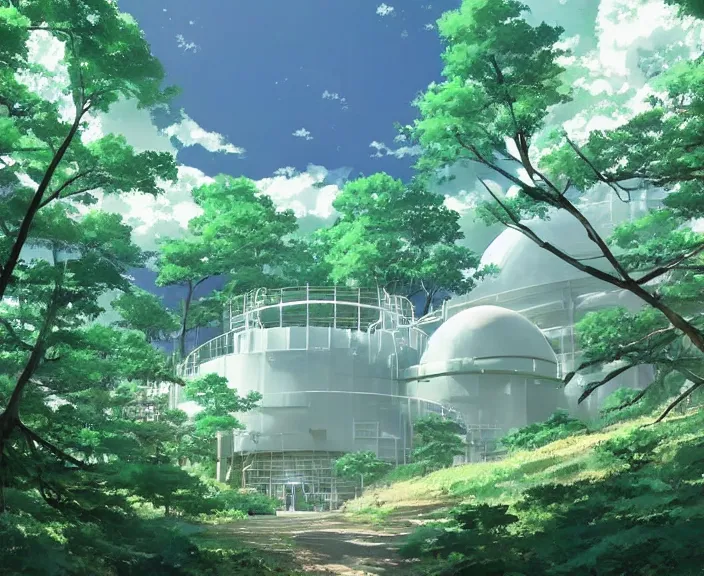 Prompt: A large white science facility built in a forest, peaceful and serene, incredible perspective, soft lighting, anime scenery by Makoto Shinkai and studio ghibli, very detailed