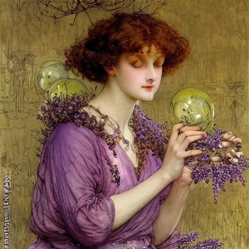 Image similar to a girl with three eyes on 5 translucent luminous spheres, full of floral and berry fillings, in an ocean of lavender color portrait painting by arthur rackham, eugene de blaas, frederic leighton