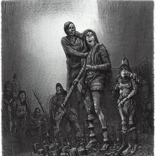 Prompt: nine steel barrels in a graveyard with 2 zombies, creepy atmosphere, dark, portrait, realistic, very realistic, illustration by gustave dore