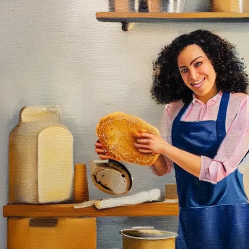 Image similar to modern oil painting of a happy woman with dark curly hair making sourdough in a bright kitchen