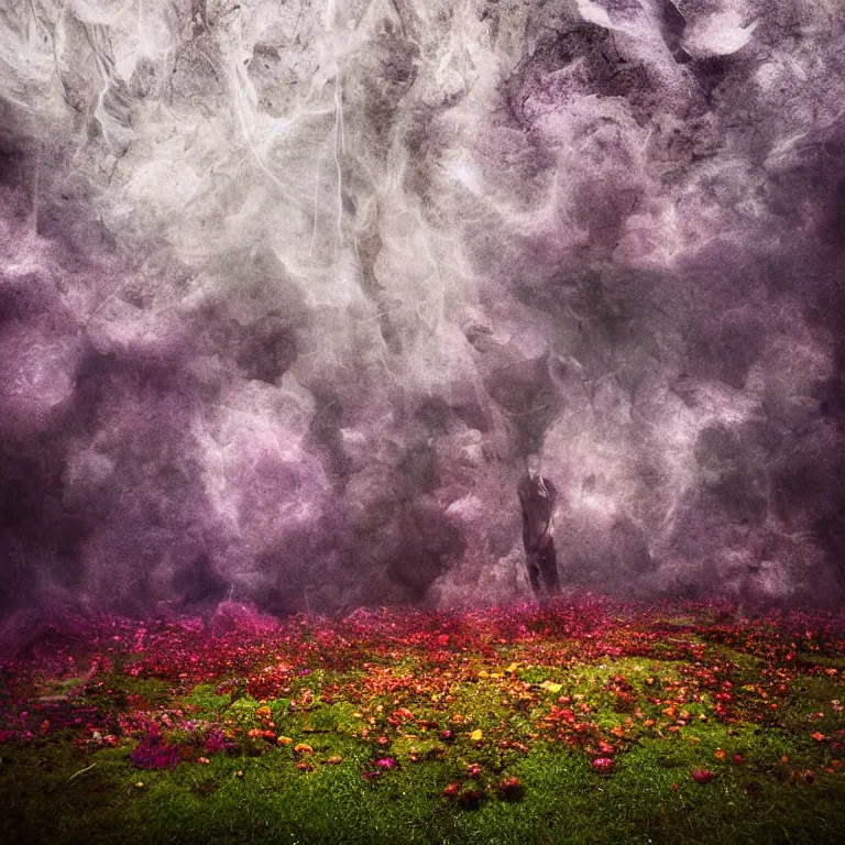 Image similar to a planet of various fungus, mushrooms, flowers and plants, inside the picture is infinity, Atmospheric, artistic photography, conceptual, long exposure outside the city, volumetric light