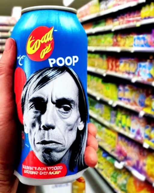 Image similar to a hand holding a soda can with iggy pop's face on the label, inside a supermarket