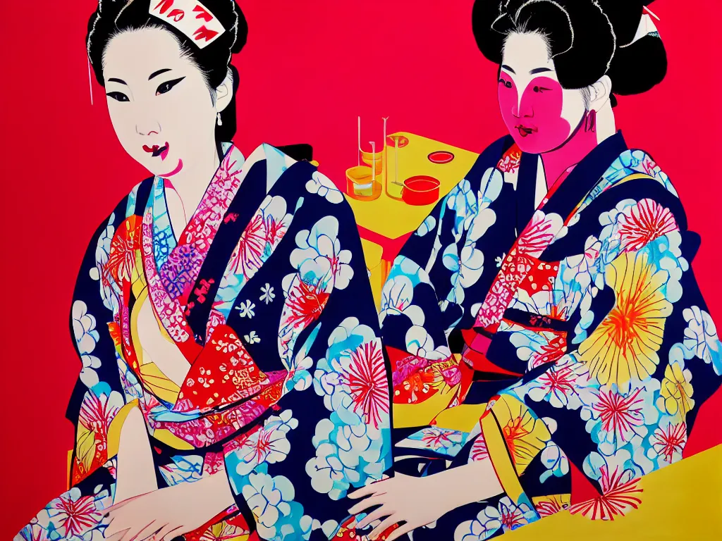 Prompt: hyperrealism composition of the detailed woman in a japanese kimono sitting at a poker table with predaror, fireworks on the background, pop - art style, jacky tsai style, andy warhol style, acrylic on canvas