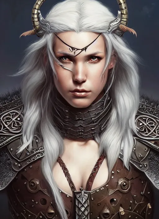 Image similar to barbarian, plated armor!!! long wild white hair!! covered chest!!! fantasy, d & d, intricate ornate details, digital painting, pretty face!!, symmetry, concept art, sharp focus, illustration, art by artgerm! greg rutkowski magali villeneuve wlop! ilya kuvshinov!!, octane render