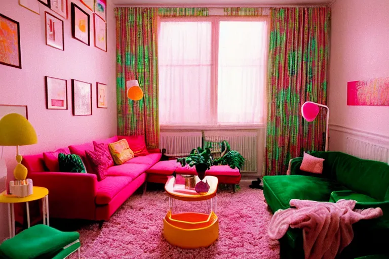 Image similar to apartment inspo groovy lava lamp theme, frog themed, in 2 0 5 5, y 2 k cybercore, bright - light photography, bathed in the glow of a crt monitor, still from a wes anderson movie