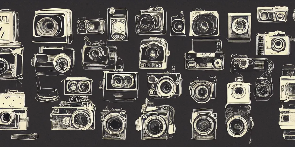 Image similar to full color page scan of various vintage cameras illustrations on black background, in matte painting, 2 d, kitbash, 4 k