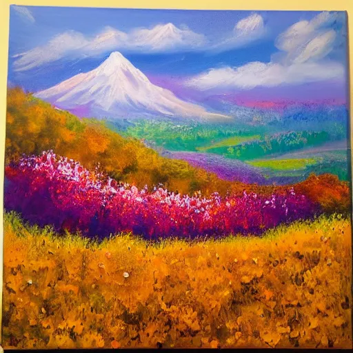 Prompt: paint acrylic a mountain with a three and a flowers field in autumn