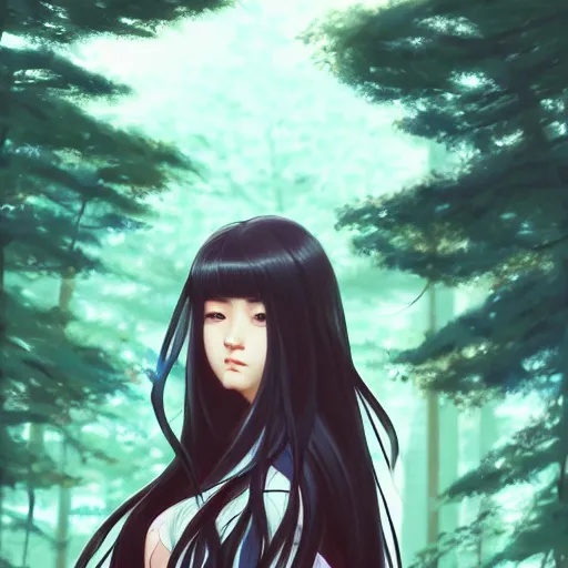 Image similar to a beautiful girl with long dark hair, wearing a ninja uniform, forest background, intricate, highly detailed, digital painting, artstation, official media, anime key visual, concept art, rich vivid colors, ambient lighting, sharp focus, illustration, art by Artgerm, Makoto Shinkai, Ilya Kuvshinov, Lois Van Baarle, and Rossdraws