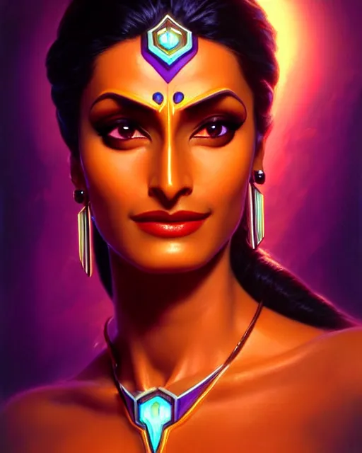 Image similar to symmetra from overwatch, bust, fantasy, fantasy art, fantasy, colorful, elegant, character portrait, portrait, close up, highly detailed, intricate detail, amazing detail, sharp focus, vintage fantasy art, vintage sci - fi art, radiant light, caustics, by boris vallejo