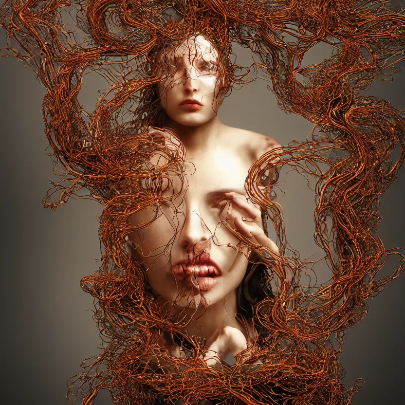 Image similar to portrait of a beautiful woman entangled in fleshy translucent tendrils, chaotic ferrofluids, occult, photography by annie leibovitz, octane render, glow, dramatic lighting, intricate fine ornaments, translucency, lighting 8k, cinematic, blur, shallow depth of field, neuro web, plasma