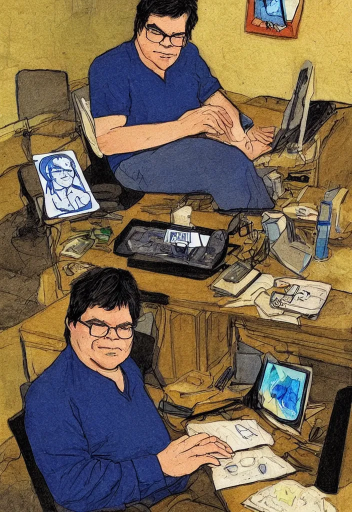 Image similar to Yann LeCun at his computer on a tarot card, illustrated on the Rider–Waite tarot.