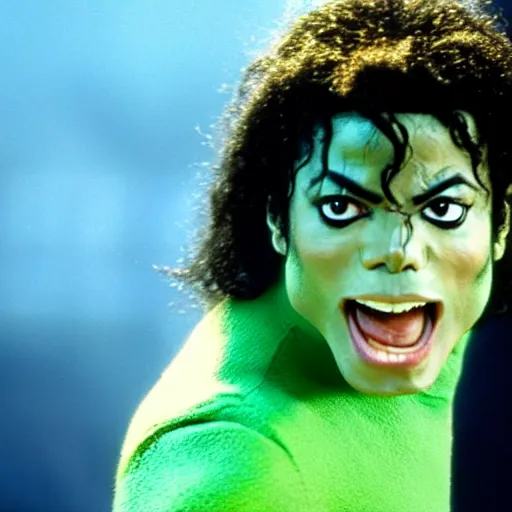 Image similar to michael jackson as the incredible hulk, movie still, 8 k