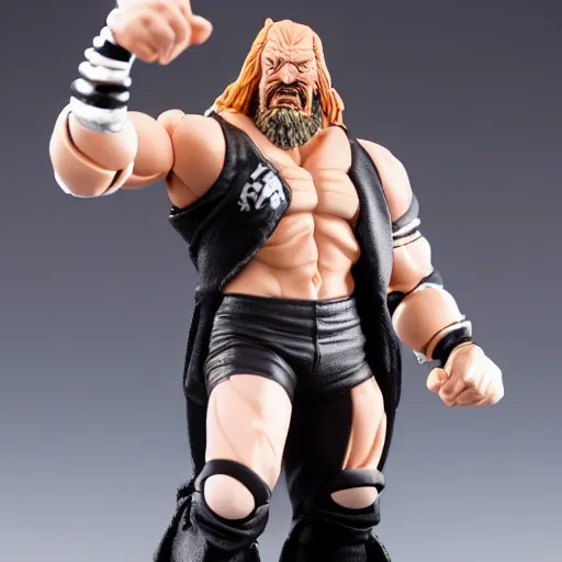 Image similar to Full body shot of a highly detailed flexible Triple H vinyl plastic figurine as a villain, highly detailed face, white background, 3d, high quality, depth of field, high contrast, 8k, concept art, smooth, sharp focus, highly detailed, wrestling, WWE