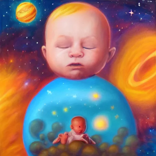 Prompt: sad lonely baby in the middle of space surrounded by colorful stars planets and galaxies, oil painting, trending on artstation