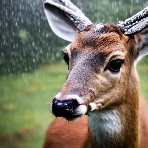 Image similar to 4 k hdr wide angle detailed portrait of a deer as a human instagram model soaking wet standing in the rain shower during a storm with thunder clouds overhead and moody stormy lighting sony a 7