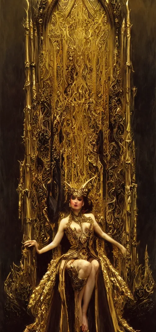 Image similar to full body portrait of beautiful vampire queen in gold gothic robe sitting on a throne of bones, elegant, highly detailed painting by gaston bussiere, craig mullins, j. c. leyendecker, 8 k, mid shot