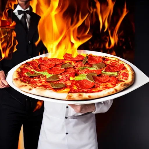 Prompt: Waiter carrying a burning pizza - n 4