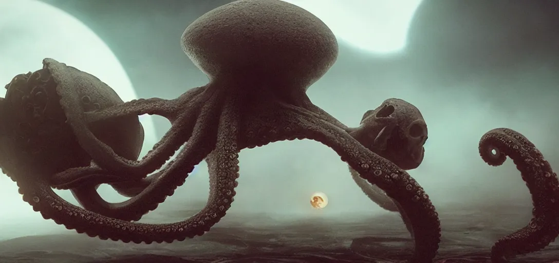 Image similar to an octopus in the shape of a skull eating a planet, foggy, cinematic shot, photo still from movie by denis villeneuve, wayne barlowe