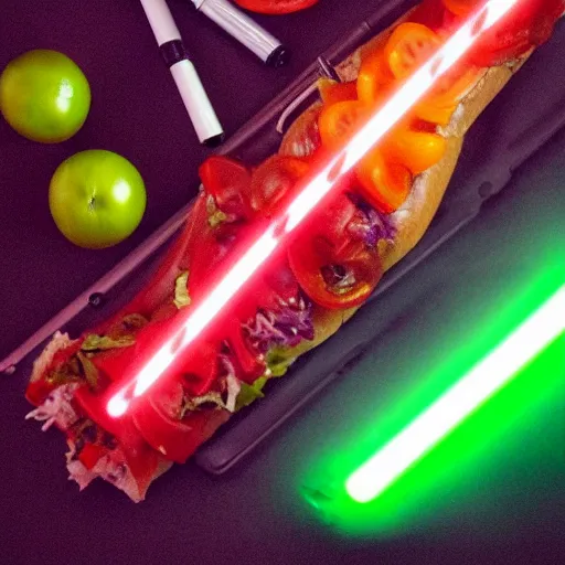 Image similar to an extremely high quality photo of a surreal neon-lightsaber-sandwich, ((sandwich)) creation, a hybrid mixture of lightsabersandwich filled with lightsaber neons and sandwichlightsaberneontube-tomatos, neon tubesauce drizzled, drooping lightsaber lettuce, glowing sandwich, radioactive sandwich, promotional photo, 4k polymer clay food photography