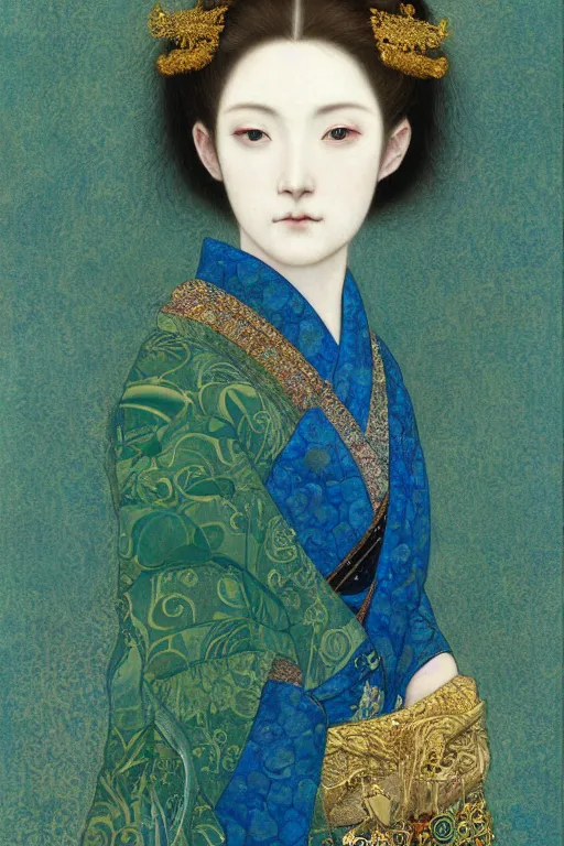 Image similar to Portrait of a Beautiful Japanese female, sad green eyes, pale skin, elegant, jewellery, digital painting, Pre-Raphaelites, highly detailed, concept art, smooth, sharp focus, gold and indigo, illustration, art by Klimt .