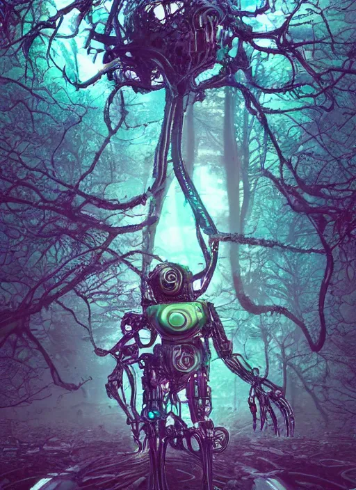 Image similar to a small psychedelic surreal horror cyborg in the chaotic spirit forest, fulcolor octane reminder, cinematic, ultra - realistic