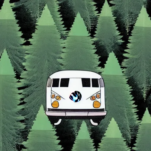 Prompt: a 1 9 8 0 s volkswagon camper van in a forest of towering evergreen trees, in the style of studio ghibli